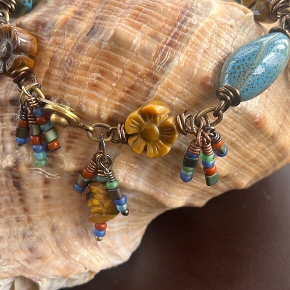 Tiger's Eye Carved Gemstones & Ceramic Art Beads Wire Wrapped Linked Bracelet - Picture 6 of 7